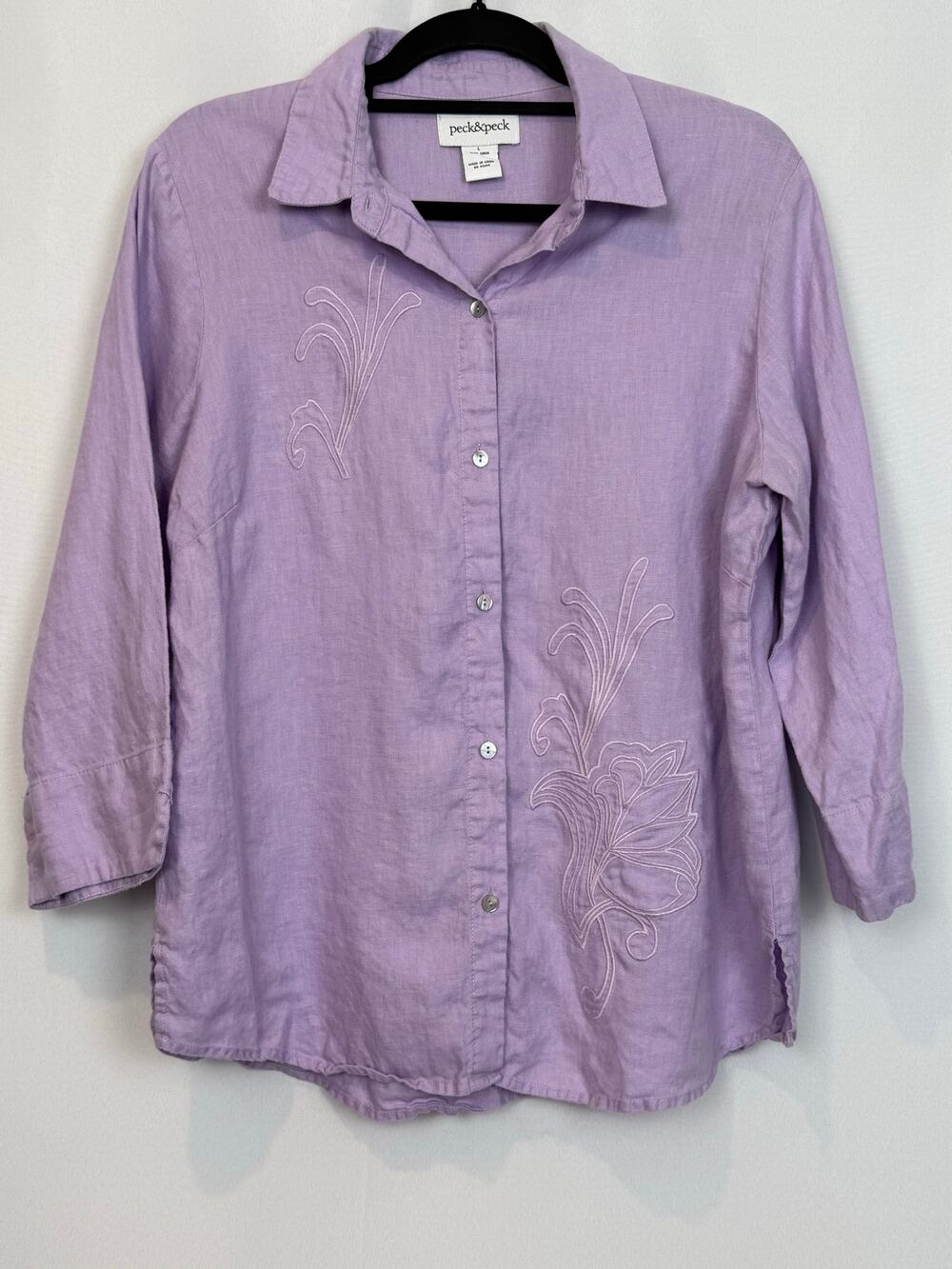 Peck & Peck Linen Blouse L Lavender Embroidered